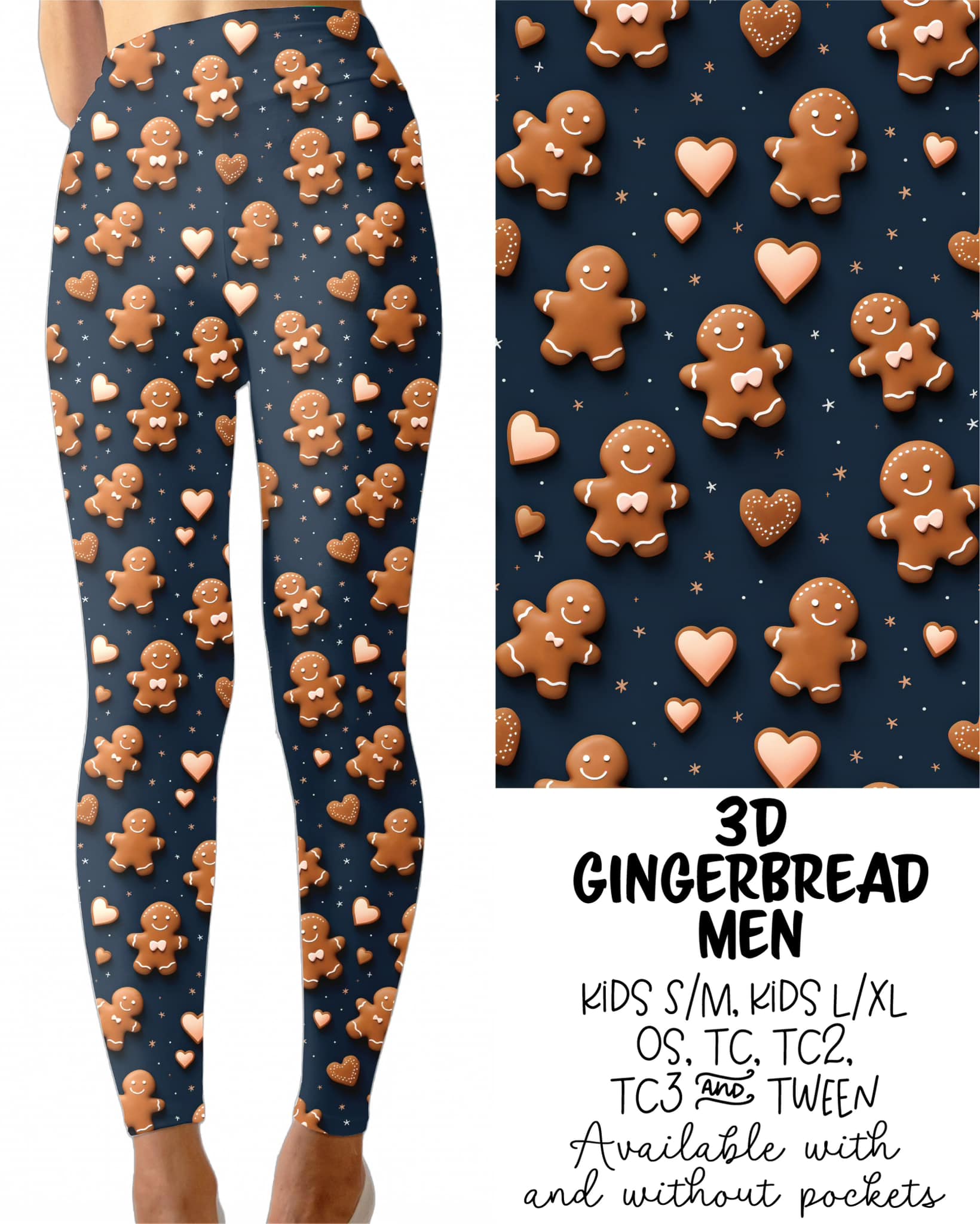 3D Gingerbread Men Leggings Full Length With and Without Pockets Preorder 0927