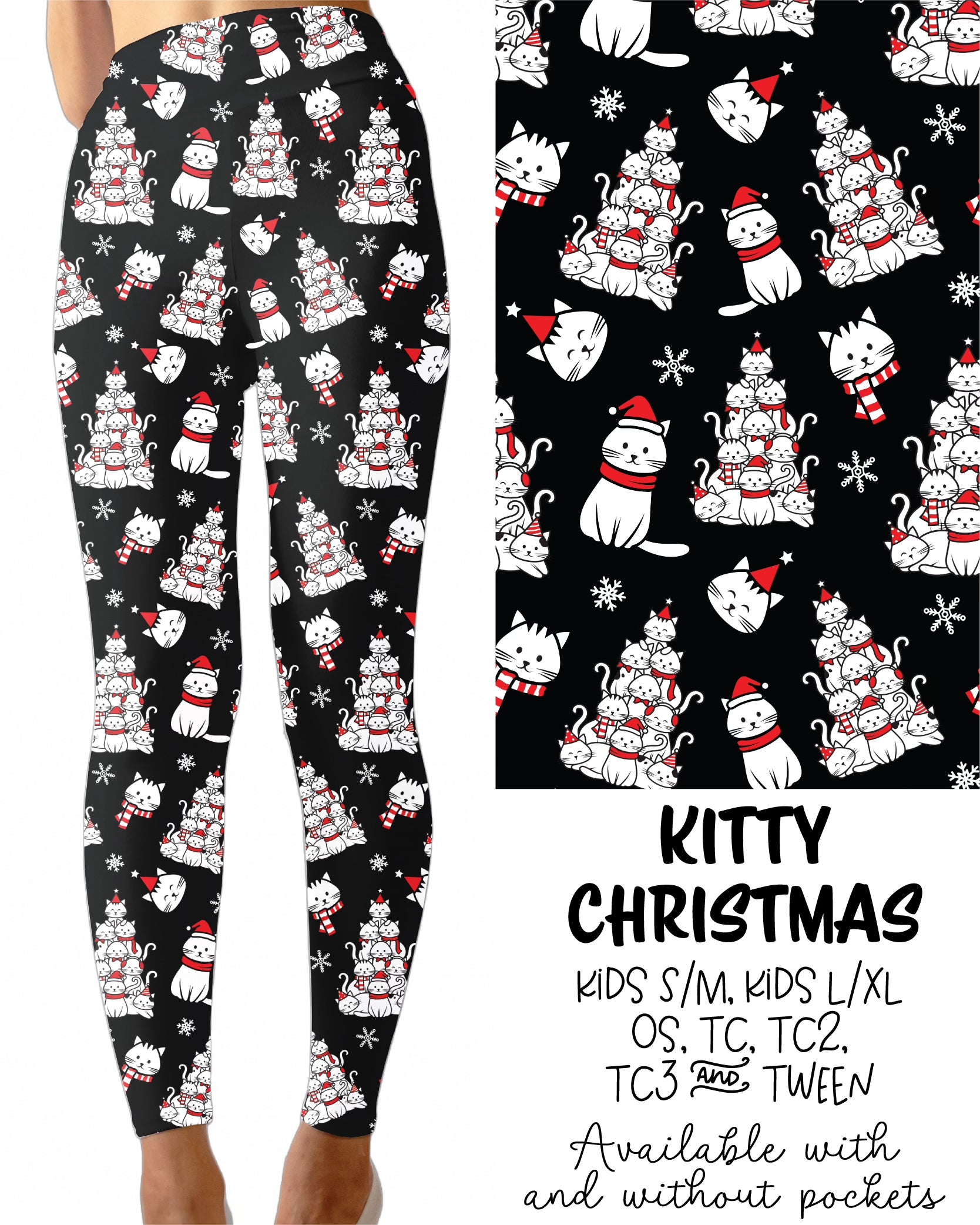Kitty Christmas Leggings Full Length With and Without Pockets