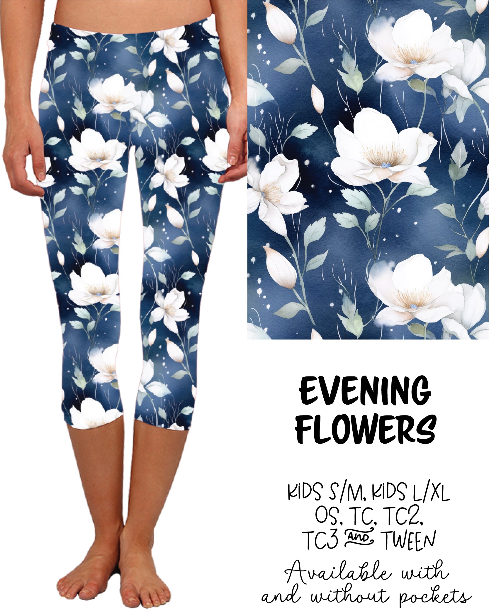 Evening Flowers Capri Leggings With and Without Pockets