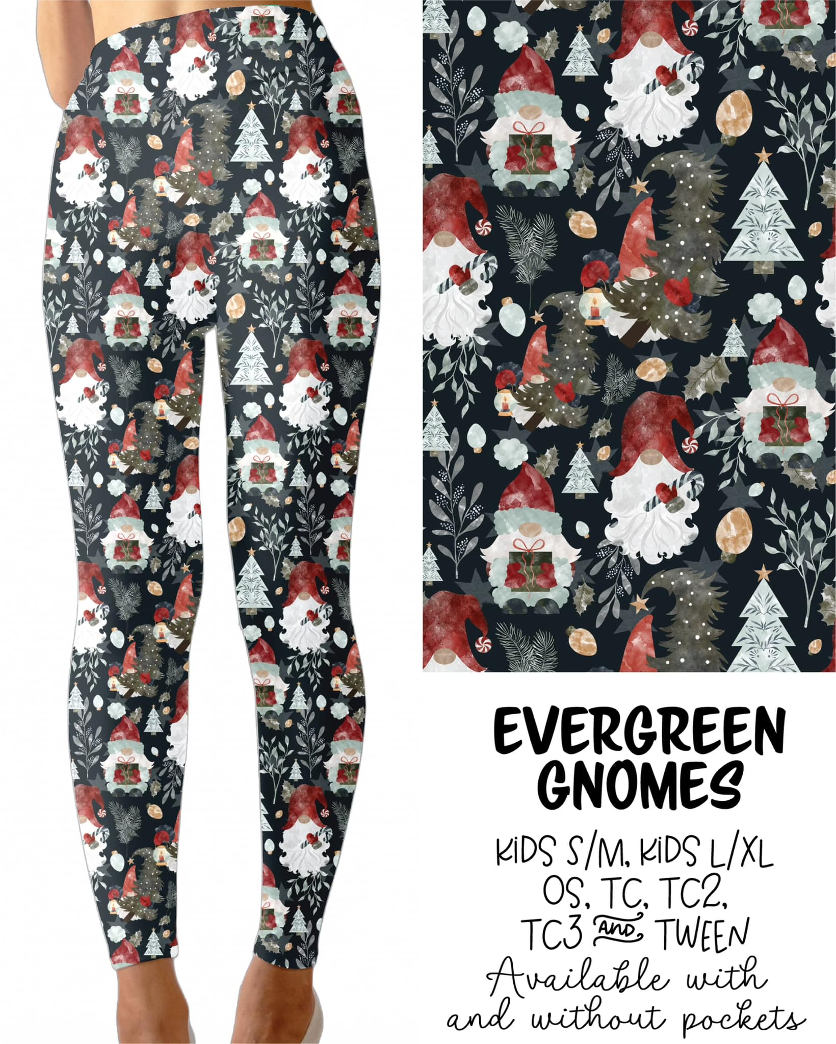 Evergreen Gnomes Leggings Full Length With and Without Pockets Preorder 0927