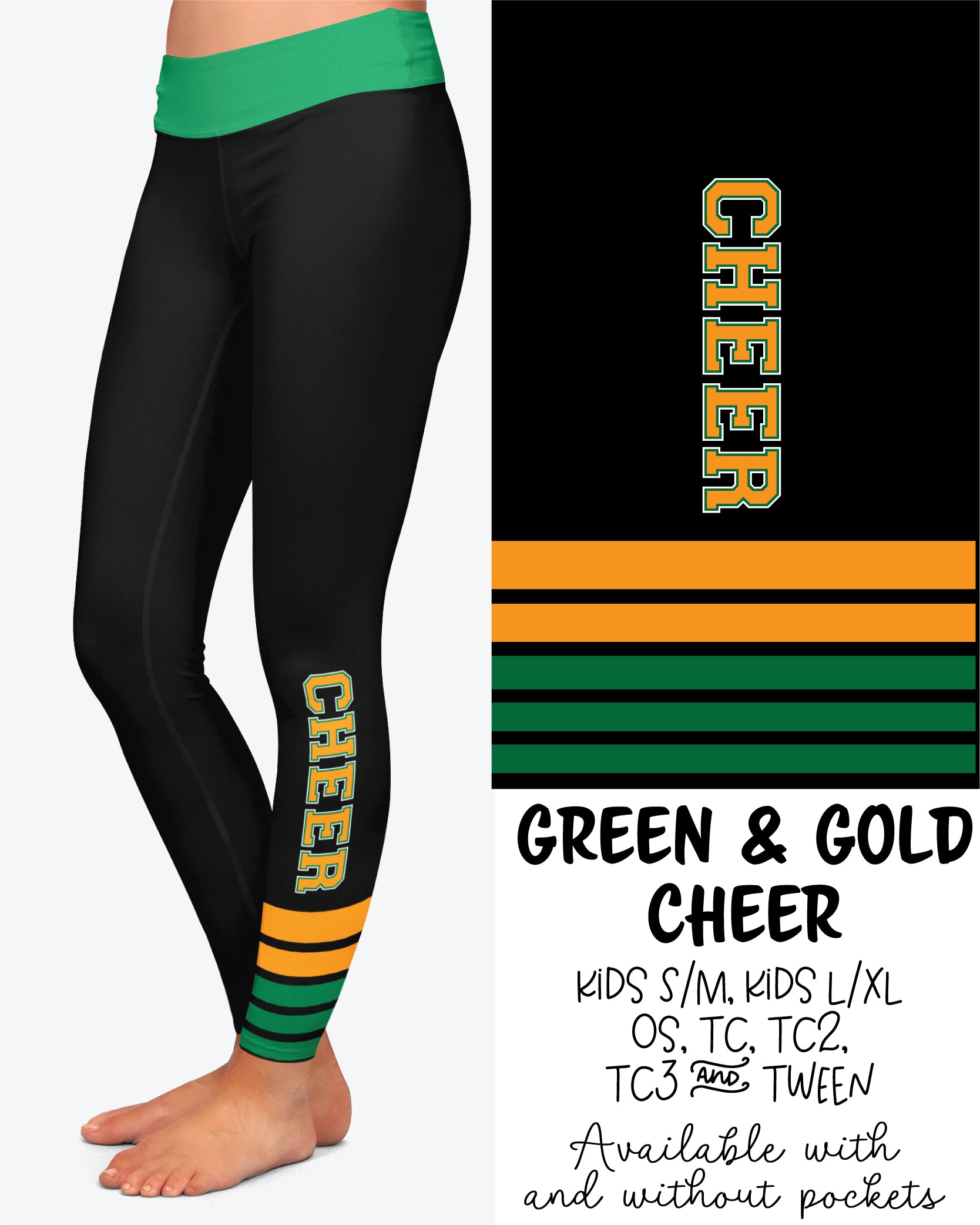 Green & Gold Cheer Leggings Full Length With and Without Pockets Preorder 9/24