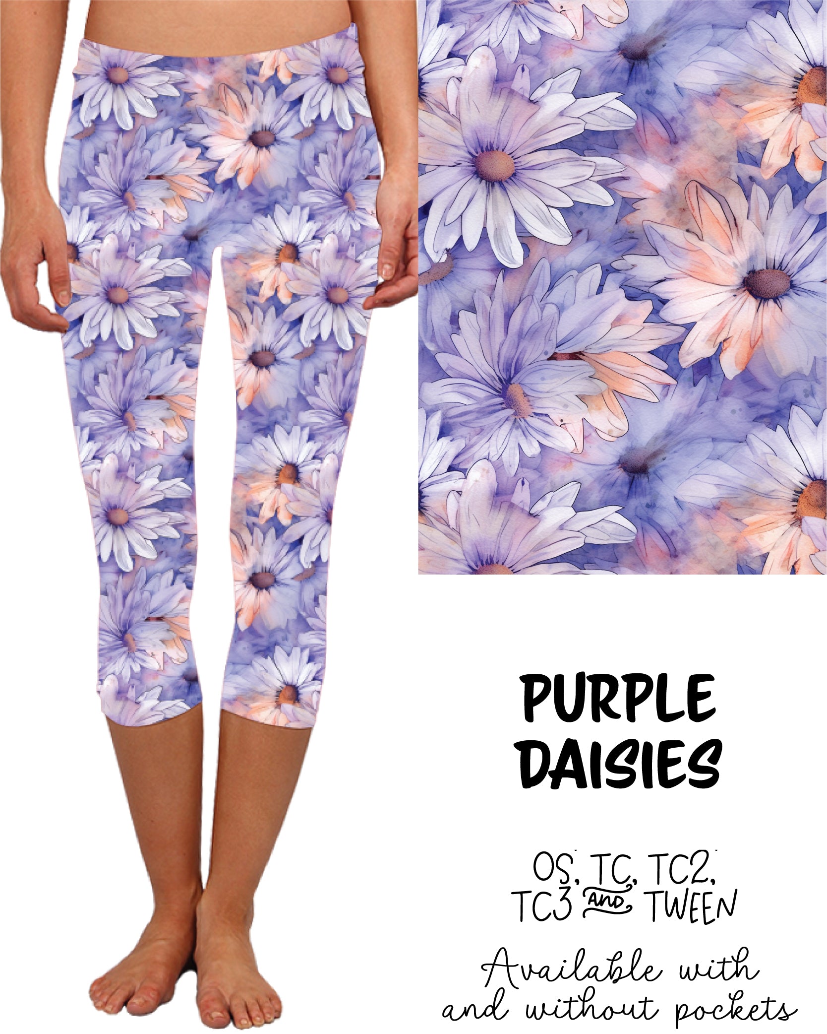 Purple Daisies Capri Leggings With and Without Pockets