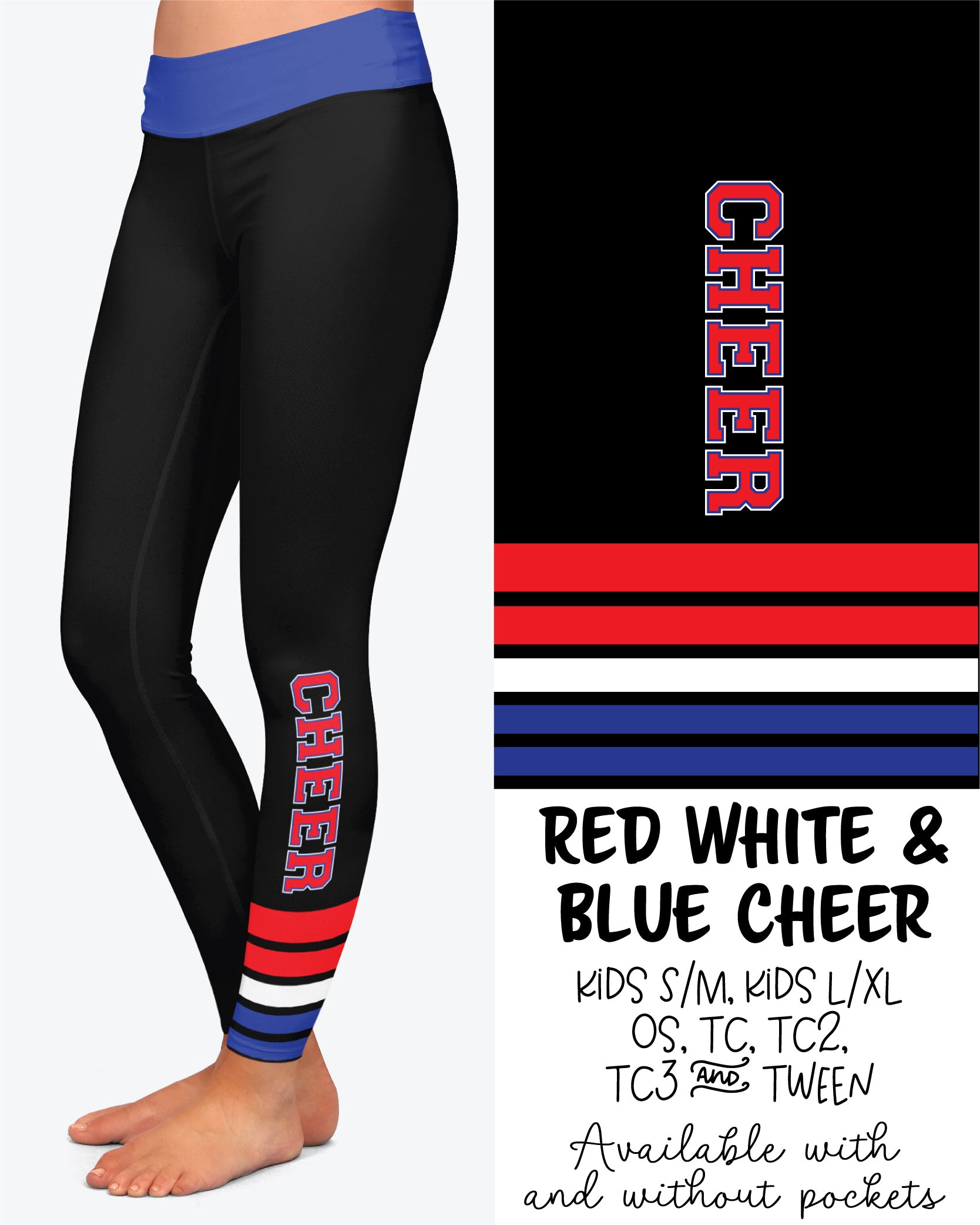 Red White & Blue Cheer Leggings Full Length With and Without Pockets Preorder 9/24
