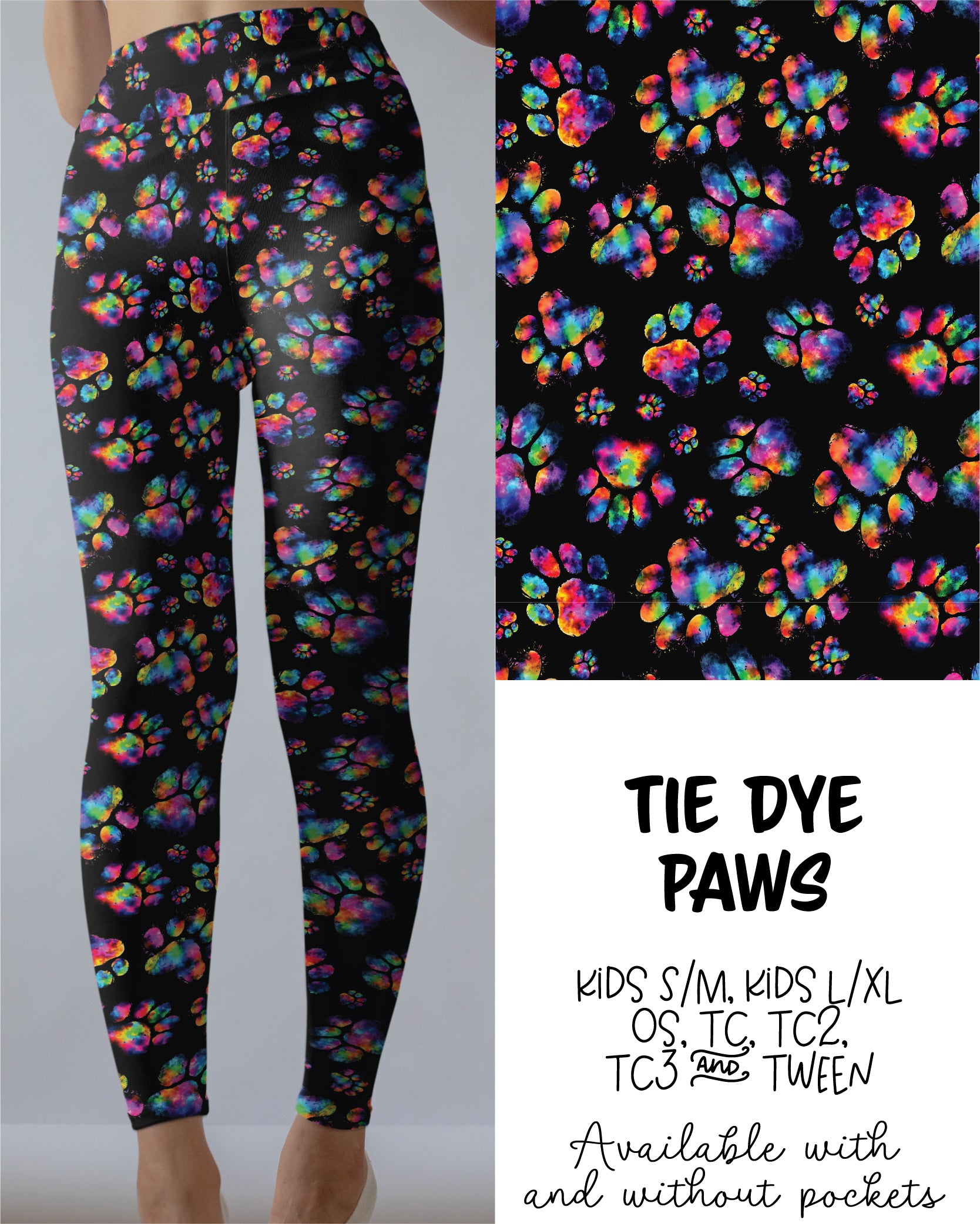Tie Dye Paws Leggings Capri With and Without Pockets Preorder 6/7