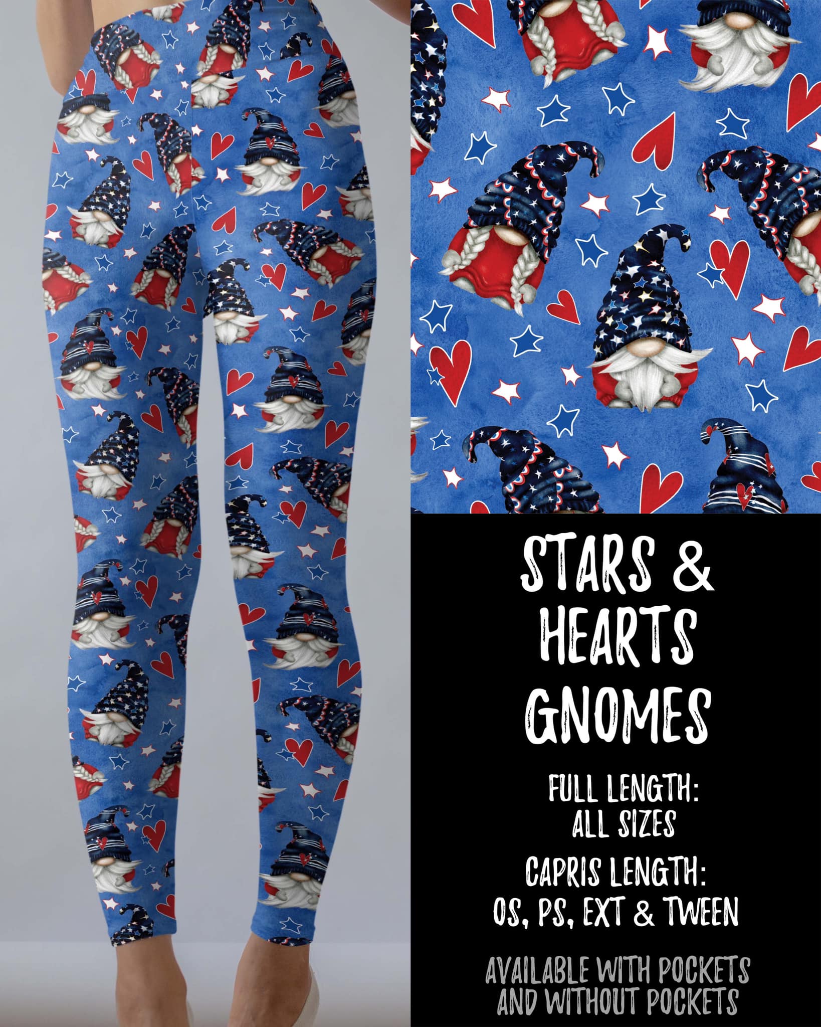 Stars & Hearts Gnomes Capri Leggings with and without Pockets