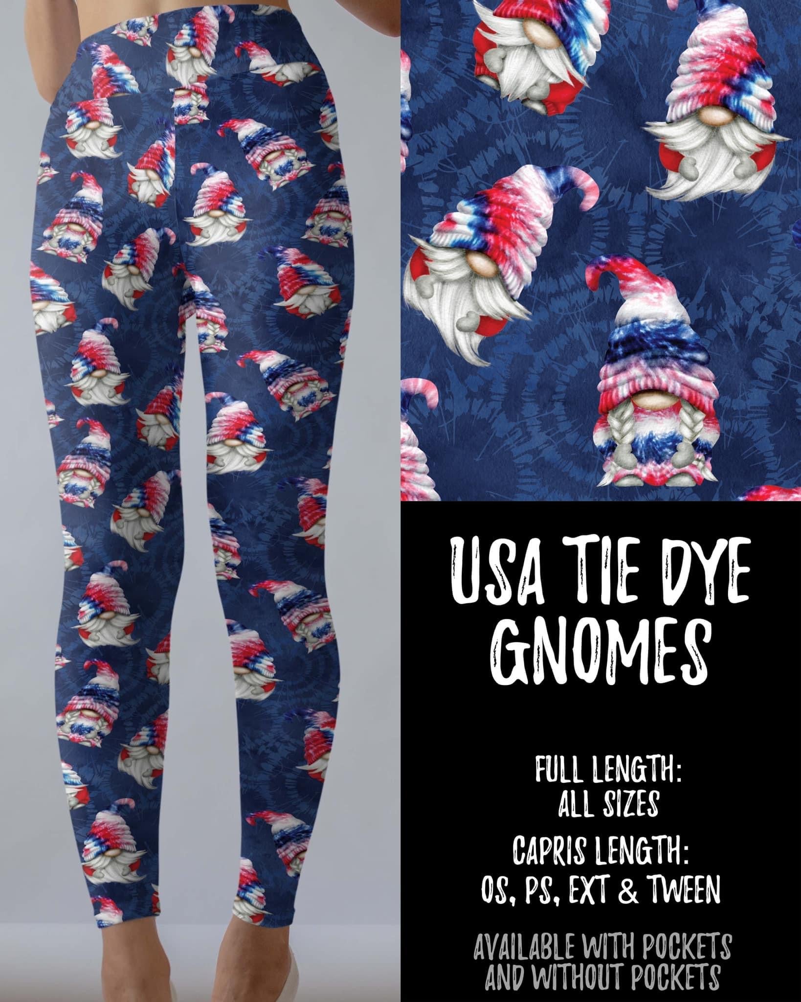 USA Tie Dye Gnomes Capri Leggings with and without Pockets
