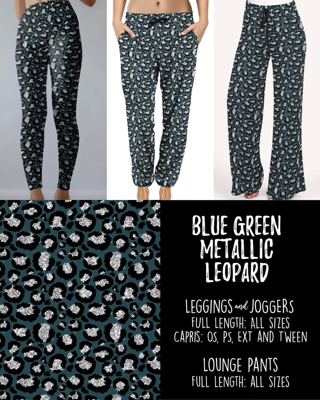 Blue Green Metallic Leopard Capri Leggings with Pockets